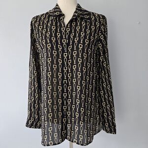 L'Agence Black and Gold Patterned Silk Button-Up Blouse, sM